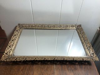 Vintage Shabby Chic Gold Filigree Ormolu Ornate Vanity Mirror Tray 9.  5 X 14.  5