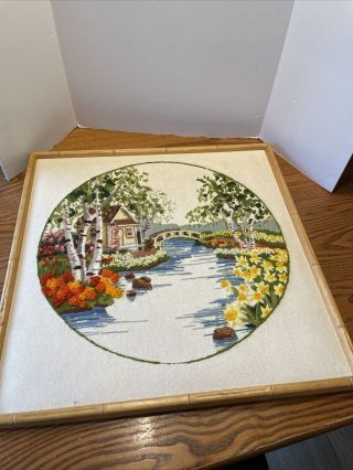 Vintage 70s Framed Completed Crewel Embroidery House Bridge Flowers Water 16x16