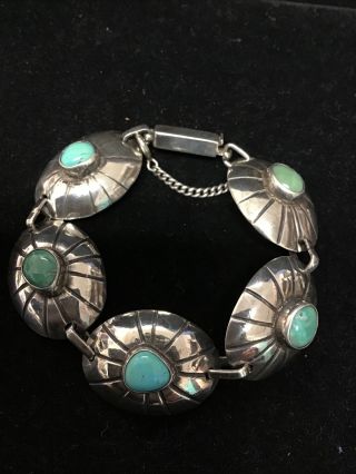 Vintage Southwest Style Sterling Silver & Turquoise Concho Bracelet - 7 " Long