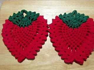 Vintage Handmade Crochet Strawberry Pot Holder Hanging Red