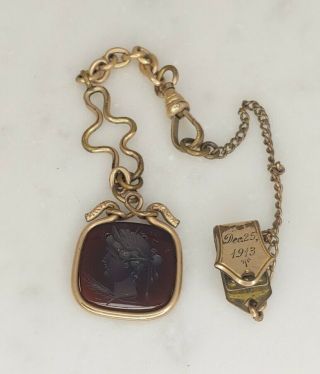 C 1913 Antique Gold Plated Chain With Cameo And Engraved For Ladies Pocket Watch