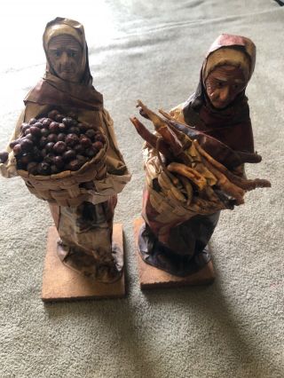 Set Of 2 Vintage Mexican Paper Mache Folk Art Figurines Old Women With Basket