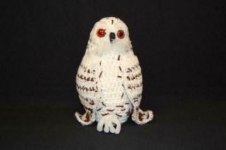 Vintage Homemade Crochet Stuffed Owl Beaded Eyes White Brown