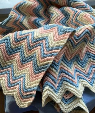 Vintage Hand Crocheted Chevron Baby Blanket - Pink,  Blue & White 36” X 36”