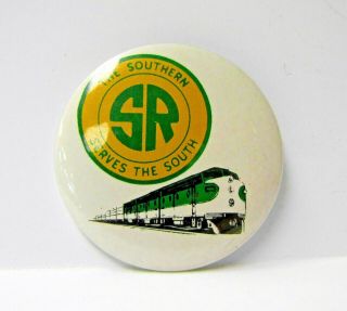 Vintage Southern Railway Serves The South Railroad Locomotive Train Button Pin