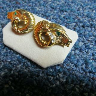 Vintage Avon Signed Earrings Rams Heads Gold Rhinestones