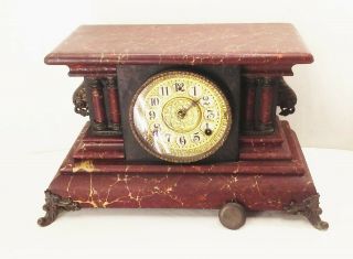 Vtg Antique Wm Gilbert Blackbird Mechanical Mantel Clock Ornate Wood Wind Up