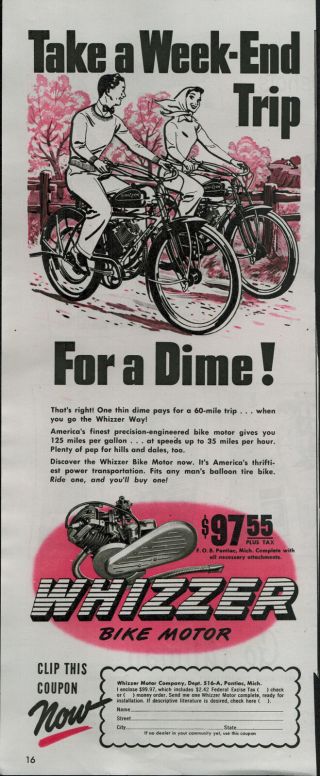 1947 Whizzer Bike Bicycle Motor Take Weekend Trip For Dime Vintage Print Ad 392