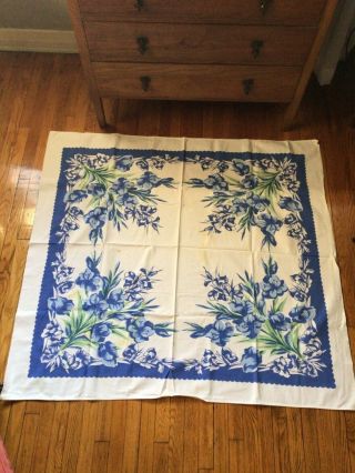 Vintage Tablecloth - Blue & White Floral Gladiolus - 50 " X 47 "