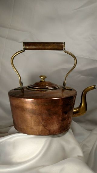 Antique Copper And Brass Tea Kettle Pot.  Oblong Shape And Dovetail Construction.
