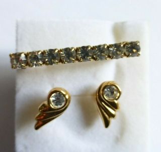 Vintage Art Deco Style Bar Brooch &earrings Clear Crystals Gold Tone Metal