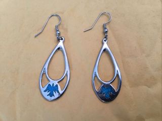 Vintage Silver W/turquoise Mosiac Thunderbird Dangle Earrings