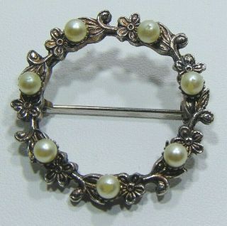 Vintage Faux Pearl Gold Tone Floral Open Wreath Brooch/pin