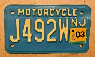 Jersey 2003 Motorcycle Cycle License Plate " J 492 W " Nj 03 Buff On Blue