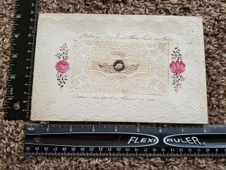 Victorian Antique 1800s Lace Hand Drawn ? Silk Cloth Center? Valentine Card 245
