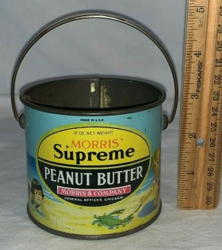 Antique Morris Supreme Peanut Butter Tin Litho Sand Pail Can Beach Kids Playing