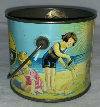 ANTIQUE MORRIS SUPREME PEANUT BUTTER TIN LITHO SAND PAIL CAN BEACH KIDS PLAYING 3
