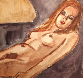 Vintage Watercolor Painting Fauvist Nude Girl Portrait