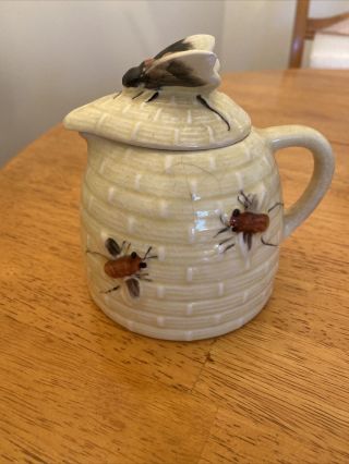 Vintage Ceramic Bee Hive Honey Pot Jar Pitcher Creamer Syrup With Lid