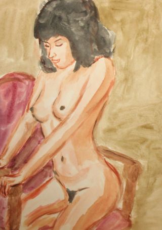 Vintage Watercolor Painting Impressionist Nude Girl Portrait