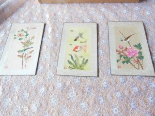 3 Vintage Chinese Painted Silk Cards/birds/flowers/fish