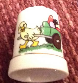 Vintage Easter Chick Pulling A Cart Of Eggs Porcelain Dimpled Sewing Thimble