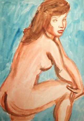 Vintage Impressionist Watercolor Painting Nude Girl Portrait