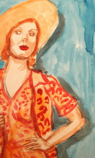 Vintage Fauvist Watercolor Painting Portrait Woman With Hat