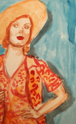 Vintage fauvist watercolor painting portrait woman with hat 2