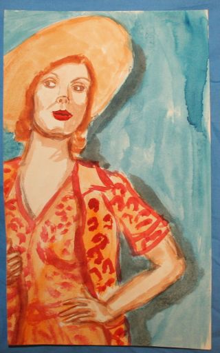 Vintage fauvist watercolor painting portrait woman with hat 3