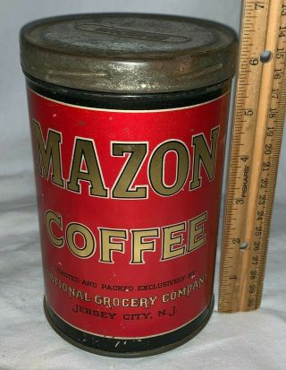 Antique Mazon Coffee Tin Litho 1 Tall Can National Grocery Store Jersey City Nj