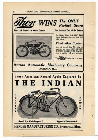 1909 Thor And Indian Motorcycles Ads - 2 On Same Page: Aurora,  Il & Springfield