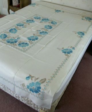 Vintage Tablecloth Hand Embroidered Aqua Turquoise Blue Flowers Gorgeous