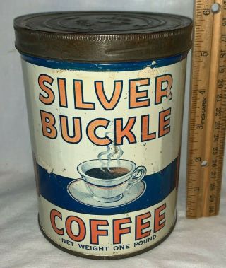 Antique Silver Buckle Coffee Tin Litho 1lb Tall Can Milwaukee Wi Grocery Store