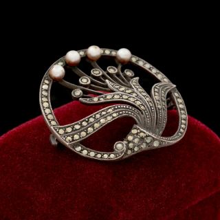 Antique Vintage Art Deco Sterling Silver Marcasite Faux Pearl Pin Brooch 9.  8g