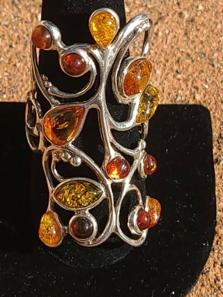 Large Vintage Unique Amber Stones Ring Sterling Silver Stamped - Size 10
