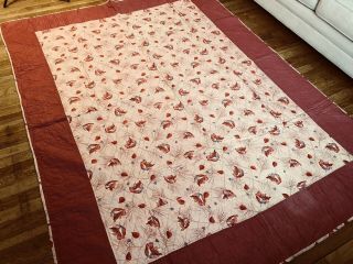Vintage Whole Cloth Quilt Pinks Period Fabric.  Hand Quilted.
