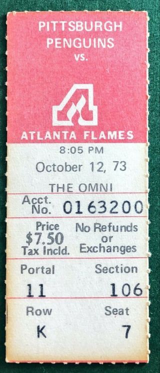 October 12th,  1973 Nhl Ticket Pittsburgh Penguins (4) Vs.  Atlanta Flames (3)