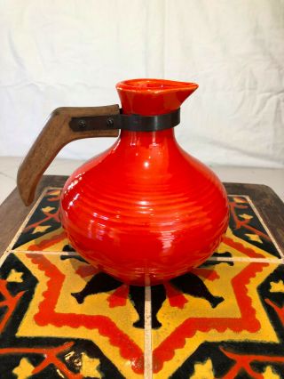 Vintage Bauer Pottery Monterey Pitcher Orange,  Wood Handle