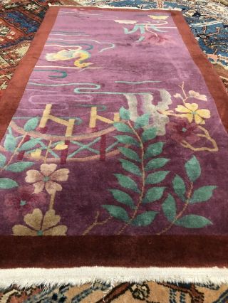 Auth: 30 ' s Antique Art Deco Chinese Rug Teal Blue W Nichols Beauty 2.  7x5 