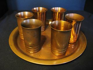 Vtg Set Of 6 Copper Tumblers Water Glasses & Tray - Anaconda Old Copper Co.