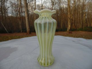 Antique Vaseline Opalescent Striped Art Glass Vase / Fenton ? / Other Maker ?