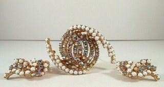 Vtg Abstract Milk Glass & Brilliant Golden Aurora Borealis Pin & Earrings - Bridal