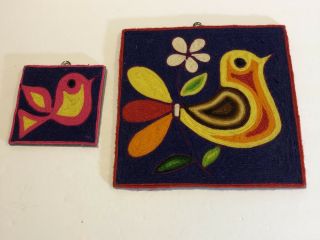 2 Vintage Huichol Yarn Painting Abstract Bird Plaque 8 X 8 And 4 X 4