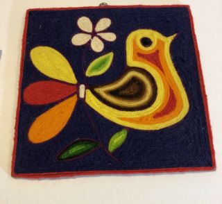 2 Vintage Huichol Yarn Painting Abstract Bird Plaque 8 X 8 And 4 X 4 2