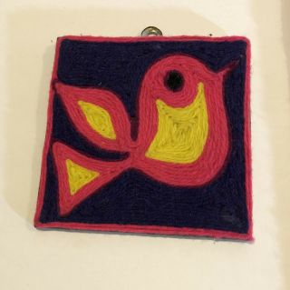 2 Vintage Huichol Yarn Painting Abstract Bird Plaque 8 X 8 And 4 X 4 3