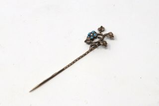 A Antique Georgian 15ct Rose Gold Turquoise & Pearl Forget Me Not Stickpin 25773