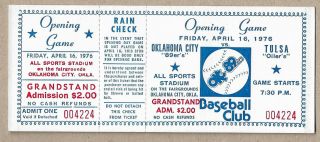 1976 Oklahoma City 89ers Minor League Baseball Opening Game Full Ticket