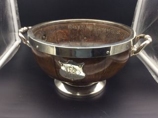 Antique English Oak Silver Plate Trophy Bowl / Salad Bowl