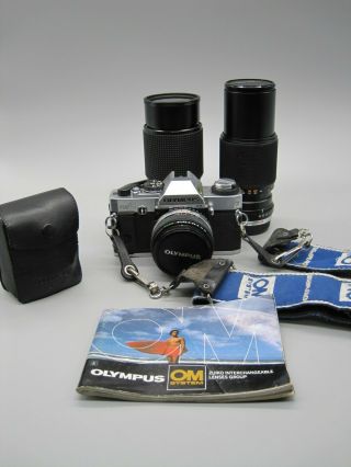 Vintage Olympus Omg W/ 3 Zuiko Om - System 50mm 100 200mm & 80 200mm Lenses